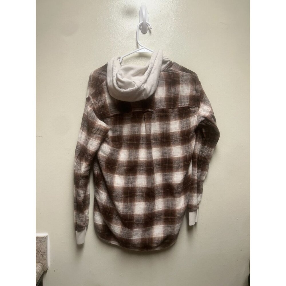 American Eagle Brown Plaid Hooded Flannel shacket Button Down oversize XS - Picture 5 of 7